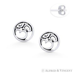 Om Aum Symbol & Circle Stud Earrings in Oxidized .925 Sterling Silver